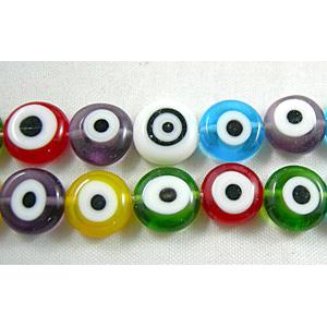 lampwork glass beads with evil eye, flat-round, mixed color, 12mm dia, 33pcs per st