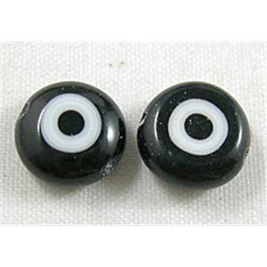 lampwork glass beads with evil eye, flat-round, black, 8mm dia, 50pcs per st