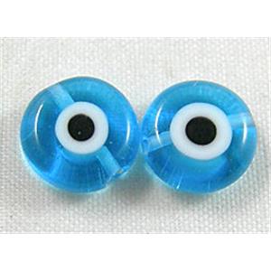 lampwork glass beads with evil eye, flat-round, blue, 12mm dia, 33pcs per st
