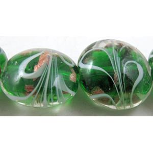 stripe lampwork glass beads, flat-round, green, 20mm dia, 20pcs per st