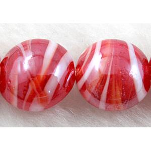 Lampwork glass bead, flat round, red, 20mm dia