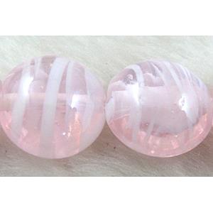plated Lampwork glass bead, flat round, pink, 20mm dia
