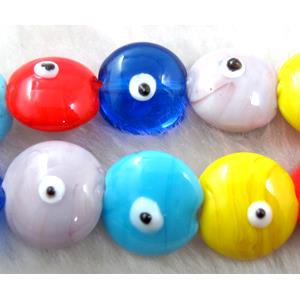  lampwork glass beads with evil eye, flat-round, mixed color, 16mm dia, 25pcs per st