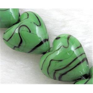 lampwork glass beads, heart, black stripe, green, 15mm dia, 25pcs per st