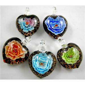 Lampwork Glass Pendant with goldsand, heart, flower, mixed color, 30x35mm