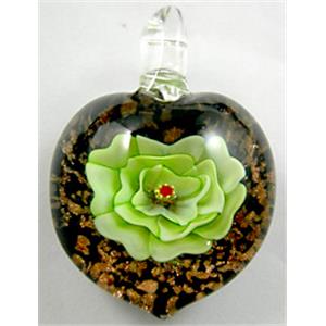 Lampwork Glass Pendant with goldsand, heart, flower, green, 30x35mm