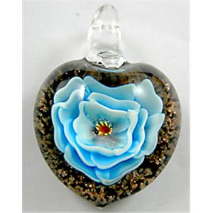 Lampwork Glass Pendant with goldsand, heart, flower, blue, 30x35mm