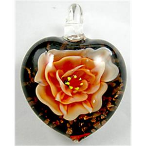 Lampwork Glass Pendant with goldsand, heart, flower, red, 30x35mm