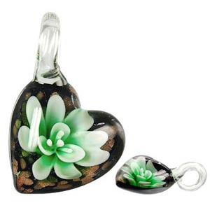 Murano style lampwork glass pendant with gold foil, heart, flower, green, 30x42mm