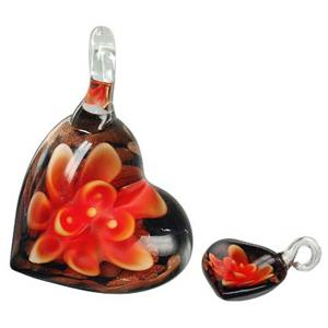 Murano style lampwork glass pendant with gold foil, heart, flower, red, 30x42mm