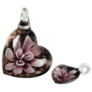 Murano style lampwork glass pendant with gold foil, heart, flower, pink, 30x42mm