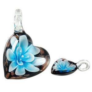 Murano style lampwork glass pendant with gold foil, heart, flower, blue, 30x42mm