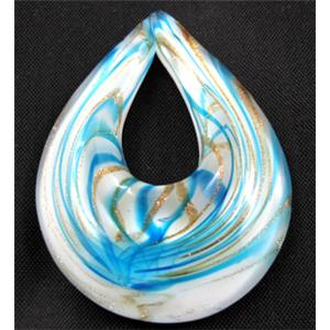 murano style glass lampwork pendant, teardrop, blue line, 38x50mm
