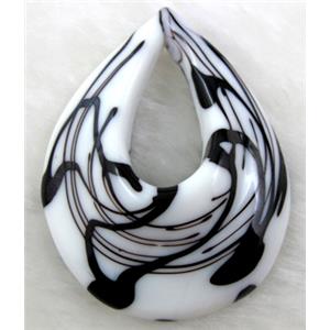 murano style glass lampwork pendant, teardrop, black line, 38x50mm