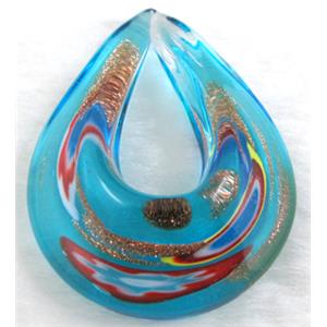 murano style glass lampwork pendant, teardrop, blue, 38x50mm