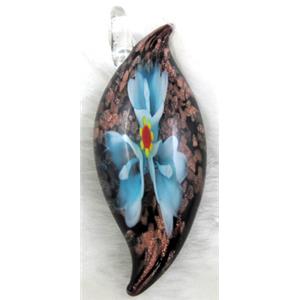 murano style glass lampwork pendant with goldsand, leaf, blue flower, 23x60mm