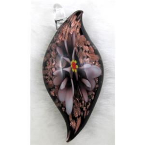 murano style glass lampwork pendant with goldsand, leaf, purple flower, 23x60mm