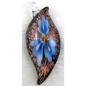 murano style glass lampwork pendant with goldsand, leaf, blue flower, 23x60mm