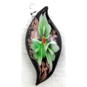 murano style glass lampwork pendant with goldsand, leaf, green flower, 23x60mm