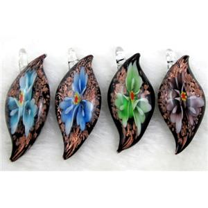 murano style glass lampwork pendant with goldsand, leaf, flower, mixed color, 23x60mm