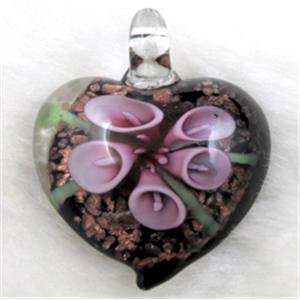 murano style glass lampwork pendant with goldsand, heart, pink flower, 35mm wide