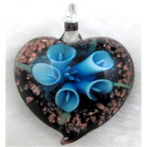 murano style glass lampwork pendant with goldsand, heart, sky-blue flower, 35mm wide