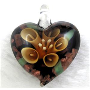 murano style glass lampwork pendant with goldsand, heart, yellow flower, 35mm wide