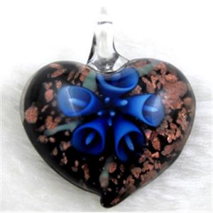murano style glass lampwork pendant with goldsand, heart, blue flower, 35mm wide