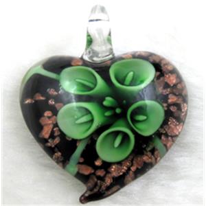 murano style glass lampwork pendant with goldsand, heart, green flower, 35mm wide