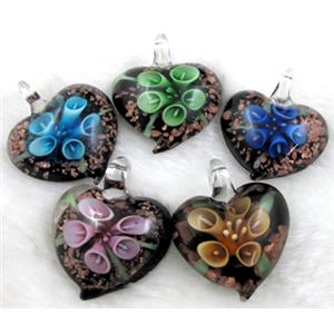 murano style glass lampwork pendant with goldsand, heart, flower, mixed color, 35mm wide