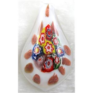 murano style glass lampwork pendant with mulit-flower, leaf, white, approx 35x60mm