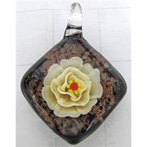 murano style lampwork glass pendant with goldsand, square, yellow flower, 30x30mm