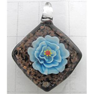 murano style lampwork glass pendant with goldsand, square, sky-blue flower, 30x30mm