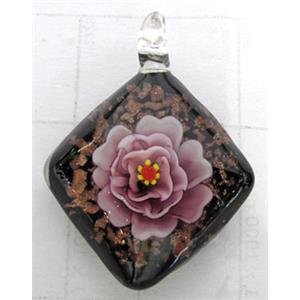 murano style lampwork glass pendant with goldsand, square, pink flower, 30x30mm