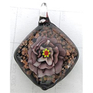murano style lampwork glass pendant with goldsand, square, flower, 30x30mm