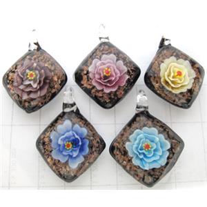 murano style lampwork glass pendant with goldsand, square, flower, mixed color, 30x30mm