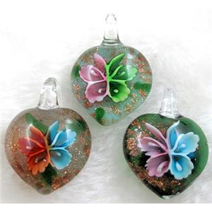 murano style lampwork glass pendant with goldsand, heart, butterfly, mixed color, 28-30mm dia