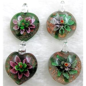 murano style lampwork glass pendant with goldsand, heart, butterfly, mixed color, 30mm dia