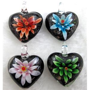 murano style lampwork glass pendant with goldsand, heart, butterfly, mixed color, 30mm dia