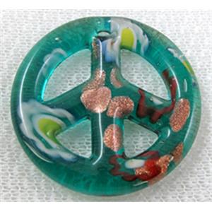 glass lampwork pendant, peace sign, peacoca-blue, 35mm dia