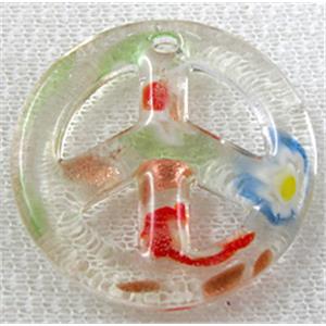 glass lampwork pendant, peace sign, clear, 35mm dia