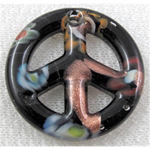 glass lampwork pendant, peace sign, black, 35mm dia