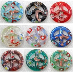 glass lampwork pendant with goldsand, peace sign, mixed color, 30mm dia