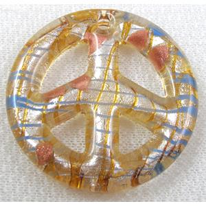 glass lampwork pendant with silver foil, peace sign, lt.yellow, 50mm dia