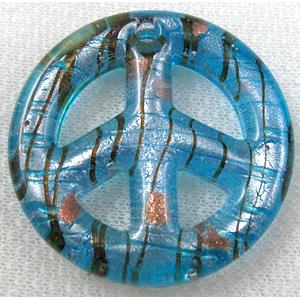 glass lampwork pendant with silver foil, peace sign, blue, 50mm dia