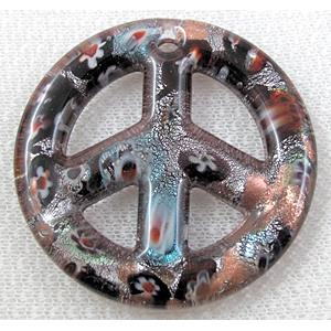 glass lampwork pendant with silver foil, peace sign, black, 50mm dia