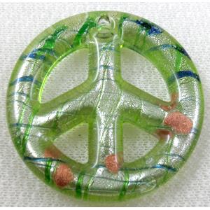 lampwork glass pendant with silver foil, peace sign, green, 50mm dia