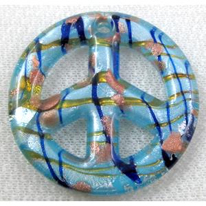 lampwork glass pendant with silver foil, peace sign, blue, 50mm dia