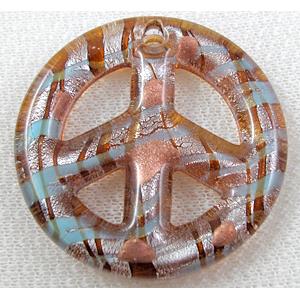 lampwork glass pendant with silver foil, peace sign, orange, 50mm dia