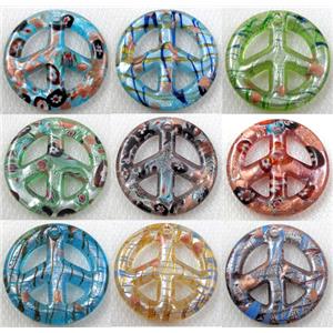 glass lampwork pendant with silver foil, peace sign, mixed color, 30mm dia